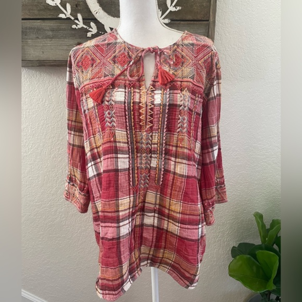 Johnny Was Workshop Thora Nomad embroidered Plaid Top size M